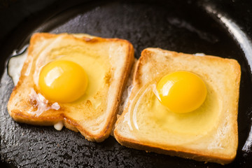 Cooking toast with fried egg in a frying pan. Sandwich with chicken egg. Snack, breakfast.