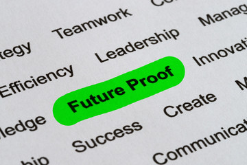 Future Proof - Technology Business Buzzwords, printed on white paper and highlighted