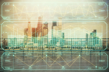 Obraz premium Forex graph hologram with city view from roof background. Double exposure. Financial analysis concept.