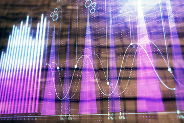 Naklejka na ściany i meble Financial chart hologram with abstract background. Double exposure. Concept of market analysis
