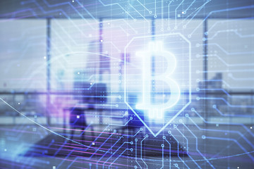 Obraz premium Bitcoin sign hologram with minimalistic cabinet background. Double exposure. Cryptocurrency concept.