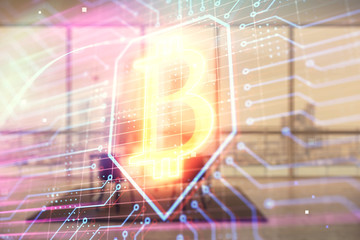 Bitcoin sign hologram with minimalistic cabinet background. Double exposure. Cryptocurrency concept.