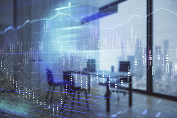Fototapeta premium Business theme graph hologram with minimalistic cabinet interior background. Double exposure. Stock market concept.