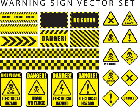 warning danger sign set, skull icon, electrical hazard, high voltage text on rectangle and triangle frame yellow and black color background