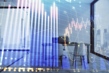 Forex chart hologram with minimalistic cabinet interior background. Double exposure. Stock market concept.