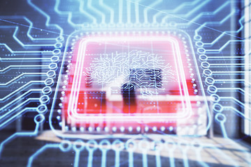 Brain sign hologram with minimalistic cabinet background. Double exposure. Ai concept.