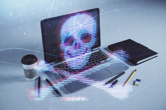 Hacking theme hologram with desktop office background. Double exposure.