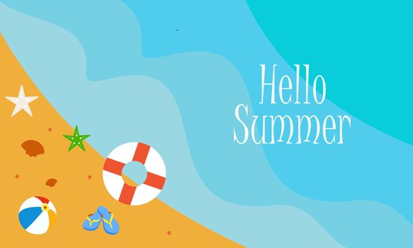 Hello beach, hello summer concept. Vector illustration with the beach and ocean waves