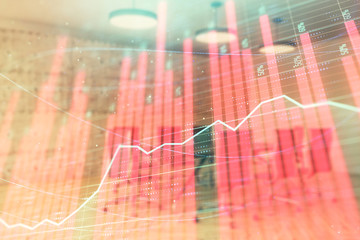 Multi exposure of stock market graph on conference room background. Concept of financial analysis