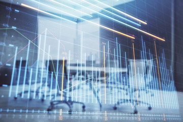 Multi exposure of stock market graph on conference room background. Concept of financial analysis
