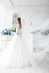 Fototapeta na wymiar Beautiful bride in a wedding dress with lace, posing in the Studio