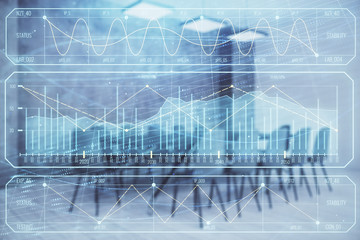 Multi exposure of stock market graph on conference room background. Concept of financial analysis
