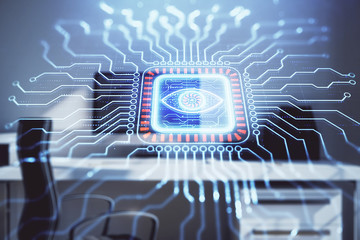 Technology theme hologram and desktop office computer background. Double exposure. Concept of high technology