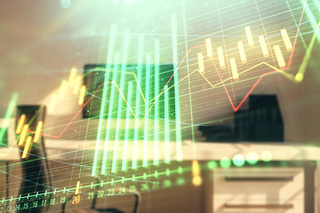 Stock market chart and desktop office computer background. Multi exposure. Concept of financial analysis.