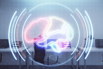 Human brain drawing with office interior on background. Double exposure. Concept of innovation.