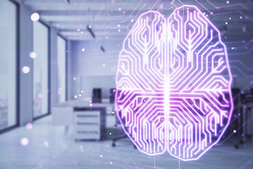 Human brain drawing with office interior on background. Double exposure. Concept of innovation.