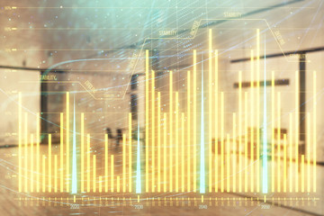 Stock and bond market graph with trading desk bank office interior on background. Multi exposure. Concept of financial analysis