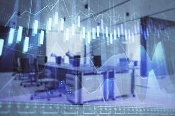 Fototapeta premium Stock market chart with trading desk bank office interior on background. Double exposure. Concept of financial analysis