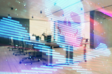 Naklejka premium Hacking theme hologram with office interior on background. Double exposure. Concept of cyber piracy