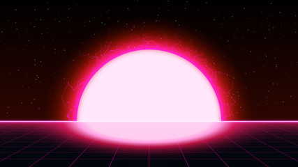 Retrowave synthwave vaporwave saturated pink color laser grid landscape with big electric sun in space. Retrofuturistic sunset with lightning.