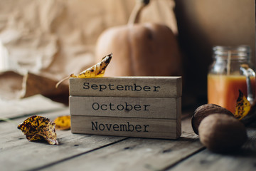wooden blocks against a rustic wood background with pumpkins and autumn leaves