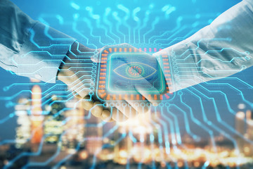 Double exposure of abstract technology drawing on cityscape background with two businessmen handshake. Concept of tech role in business