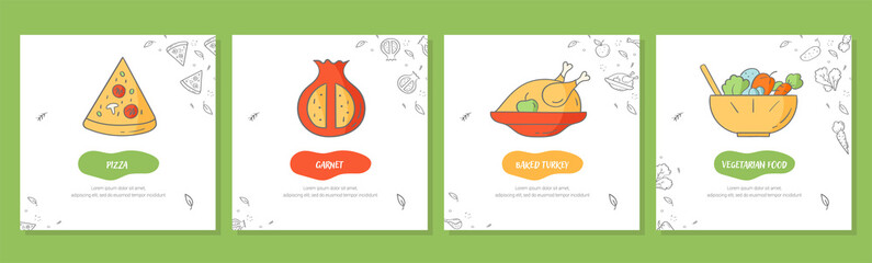 Set of colorful food illustrations. Hand drawn modern nutrition concept. Food banner template