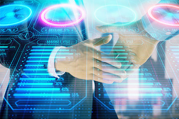 Double exposure of business theme drawing on cityscape background with handshake. Concept of partnership