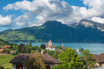 Lake Thun with townscape of Spiez