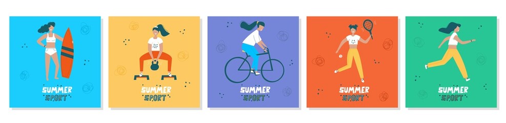 Set of summer sport illustration. Girl power. Active lifestyle concept