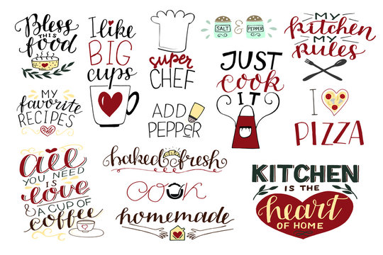 14 hand-lettering quotes about food, coffee, tea, kitchen Homemade. Add paper. Bless food. Super chef. Just cook it. I love pizza.