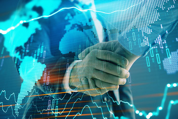 Multi exposure of forex graph and world map on abstract background with two businessmen handshake. Concept of success on international markets