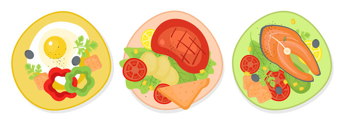 Fototapeta premium Set of delicious breakfast, ginner and supper on the plate. Doodle color illustration of food for the day
