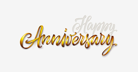 Happy anniversary text isolated on white background. Vintage golden font, 3d lettering for logo, banner, invitation, greeting card, prints or poster. Hand drawn inscription or calligraphy.