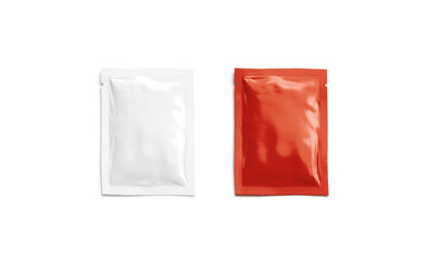Blank red catsup and white sachet packet mockup, isolated, top view, 3d rendering. Empty tomato ketchup and mayonnaise pack mock up. Clear airtight disposable cosmetics or medication parcel template. - obrazy, fototapety, plakaty
