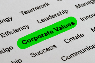 Fototapeta premium Corporate Values - Business Buzzwords, printed on white paper and highlighted