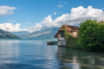 Obraz premium Boathouse on Lake Thun in Spiez