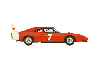 Racing car. Vintage racing car sticker on a white background. Side view. Flat vector.