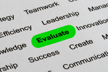 Evaluate - Business Buzzwords, printed on white paper and highlighted