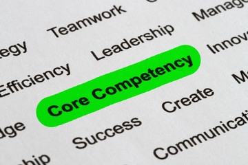 Core Competency - Business Buzzwords, printed on white paper and highlighted