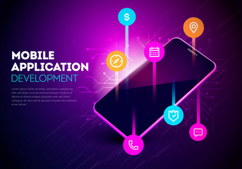 Vector Illustration Mobile App Development. Mobile Smartphone With Layout Of Application