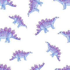 Watercolor childish seamless pattern with purple dinosaurs . Cartoon  stegosaurus