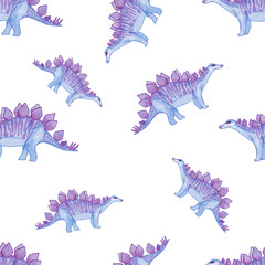 Fototapeta premium Watercolor childish seamless pattern with purple dinosaurs . Cartoon stegosaurus