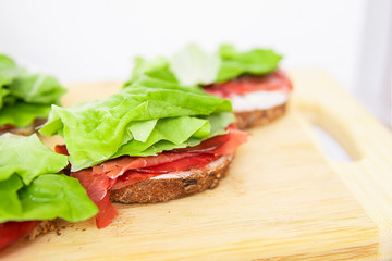 Tasty homemade sandwiches. Healthy food at home. Breakfast, vitamin snack, good diet and proper nutrion eating. Calories balance. Count of carbohydrate, protein and fat. Selective focus
