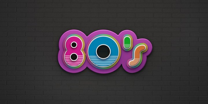 80s Party on black brick wall banner. 3D Render Illustration