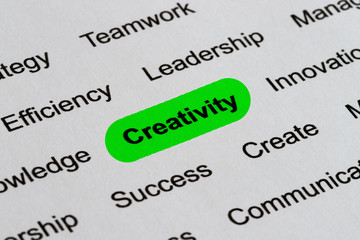 Fototapeta premium Creativity - Business Buzzwords, printed on white paper and highlighted