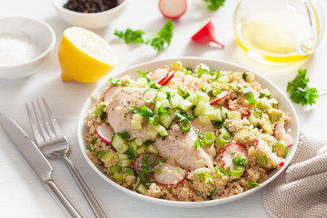 chicken breast with couscous, cucumber, avocado, spring onion, radish. healthy lunch