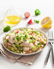 chicken breast with couscous, cucumber, avocado, spring onion, radish. healthy lunch