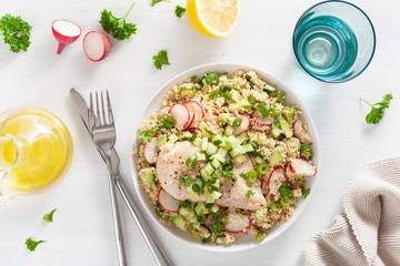 chicken breast with couscous, cucumber, avocado, spring onion, radish. healthy lunch