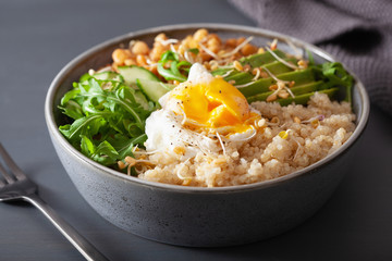 quinoa bowl with egg, avocado, cucumber, lentil. Healthy vegetarian lunch